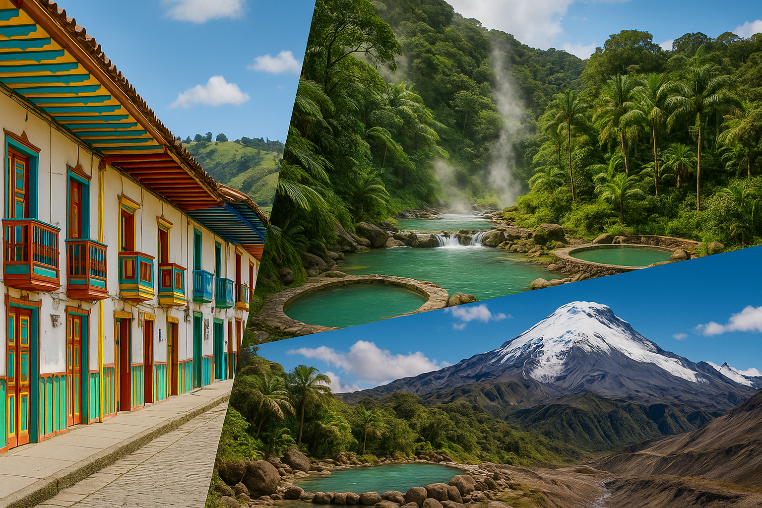 pueblos del quindio, termales de san vicente y parque de los nevados en un colage